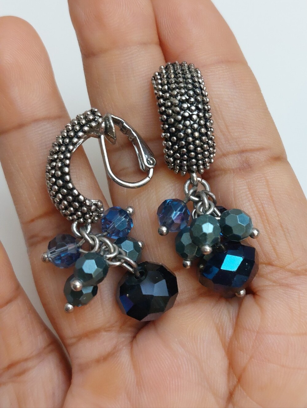 Vintage Micro Studded Clip On Earrings With Cascading Faceted Beads